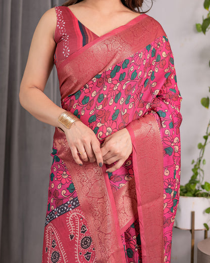 Rani Pink Handloom Linen Saree with Floral Vine Print & Paisley Pallu | Gold Zari Border & Tassel Detailing | Attached Blouse | 5.5m Saree + 0.8m Blouse