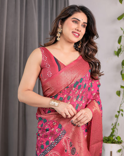 Rani Pink Handloom Linen Saree with Floral Vine Print & Paisley Pallu | Gold Zari Border & Tassel Detailing | Attached Blouse | 5.5m Saree + 0.8m Blouse