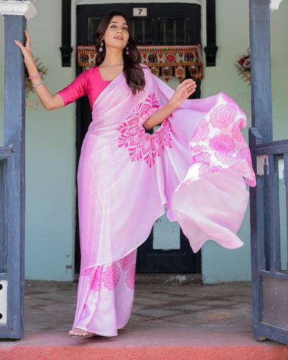 Elegant Baby Pink Satin Feel Saree with Mandala Print & Hot Pink Blouse – Designer Partywear Saree with Attached Blouse Piece