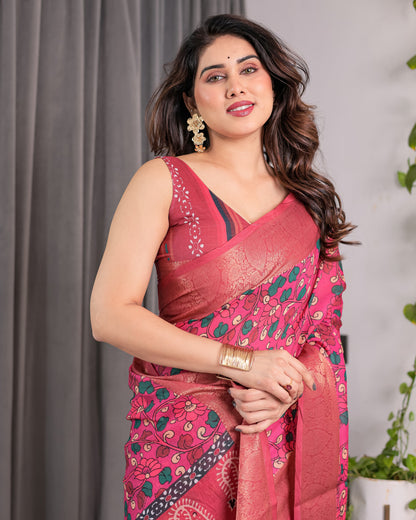 Rani Pink Handloom Linen Saree with Floral Vine Print & Paisley Pallu | Gold Zari Border & Tassel Detailing | Attached Blouse | 5.5m Saree + 0.8m Blouse