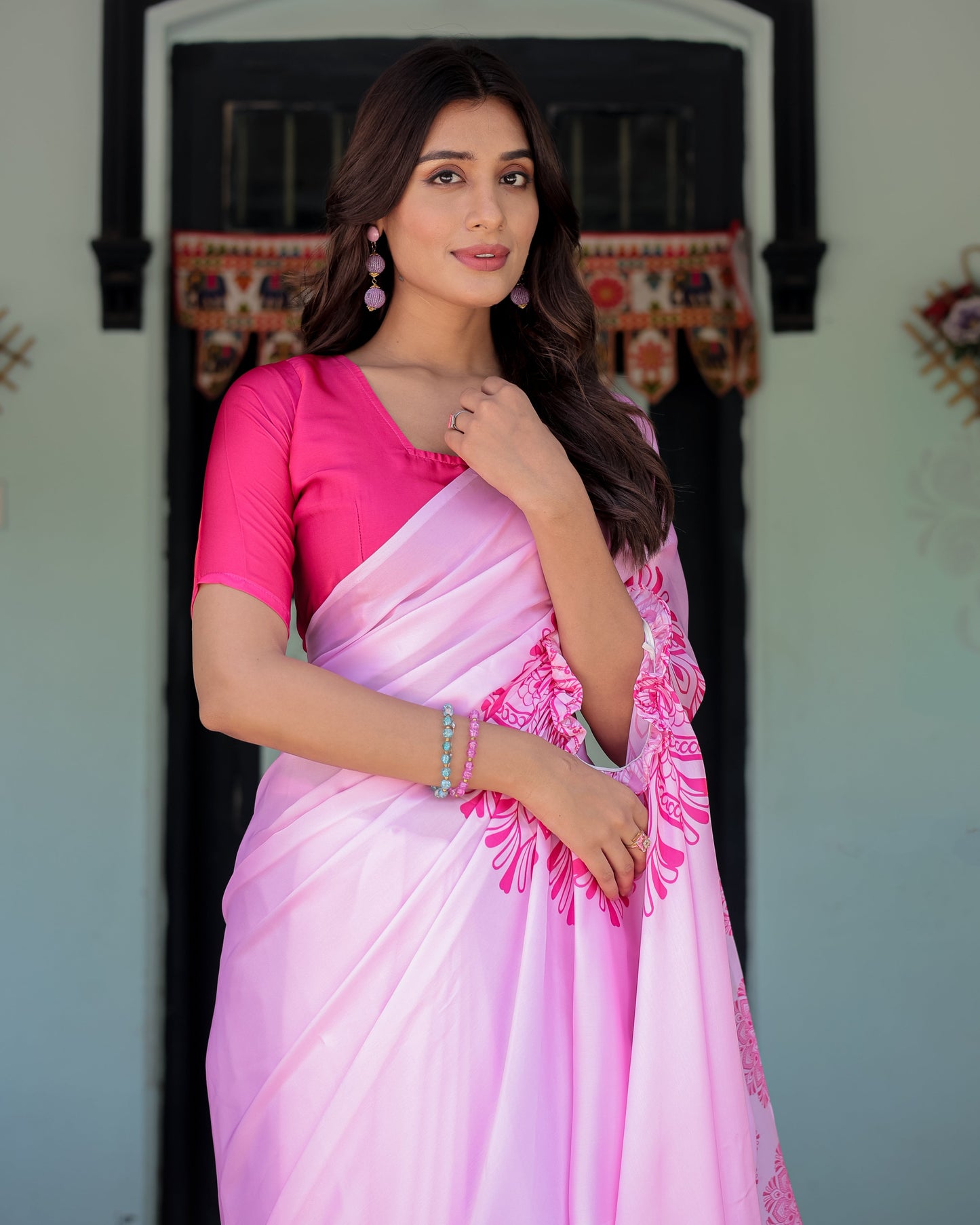 Elegant Baby Pink Satin Feel Saree with Mandala Print & Hot Pink Blouse – Designer Partywear Saree with Attached Blouse Piece
