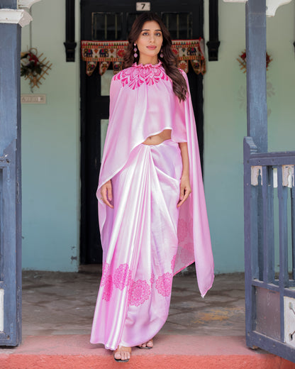Elegant Baby Pink Satin Feel Saree with Mandala Print & Hot Pink Blouse – Designer Partywear Saree with Attached Blouse Piece