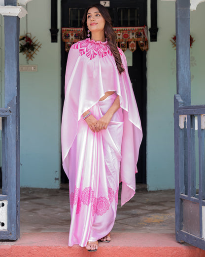 Elegant Baby Pink Satin Feel Saree with Mandala Print & Hot Pink Blouse – Designer Partywear Saree with Attached Blouse Piece