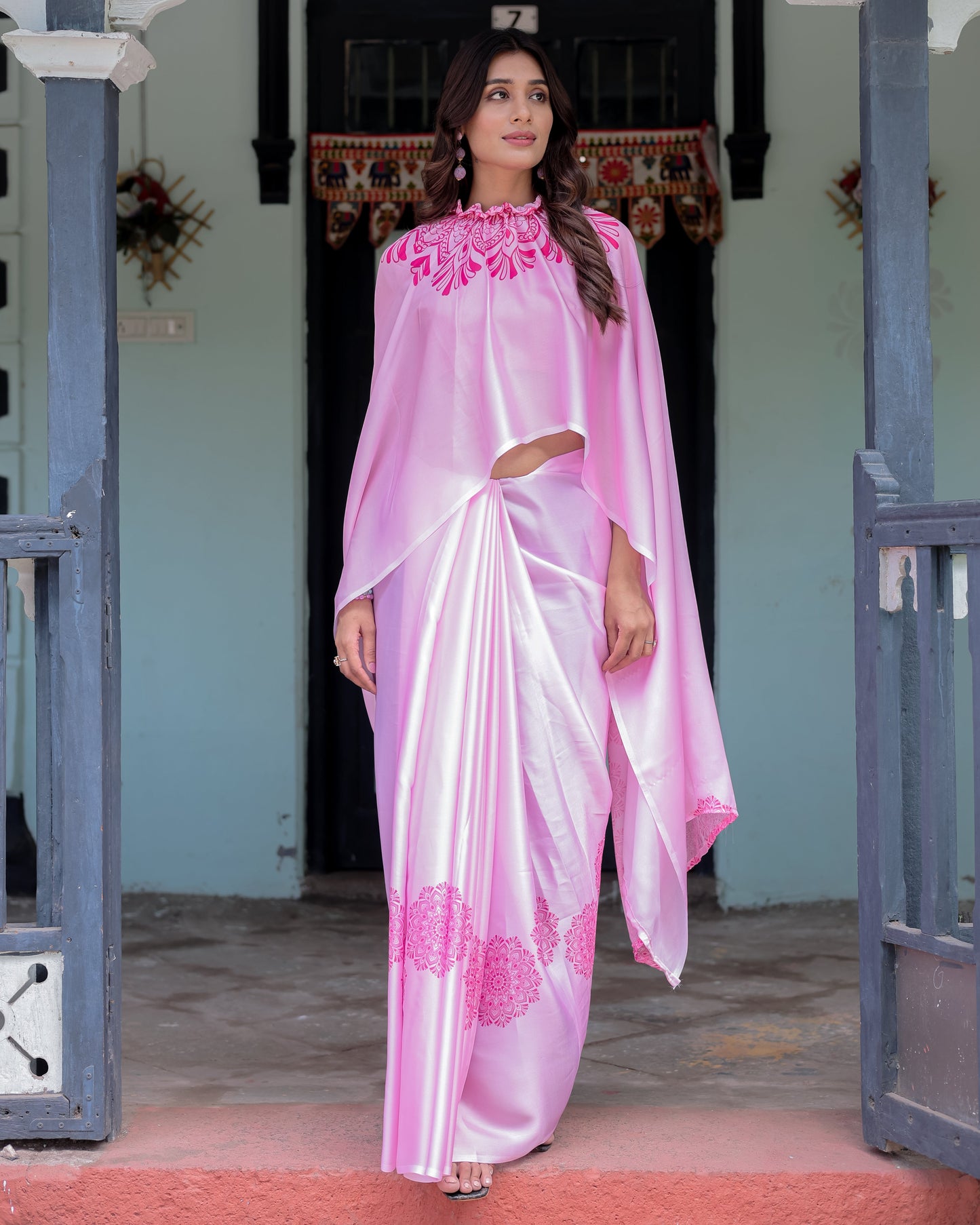 Elegant Baby Pink Satin Feel Saree with Mandala Print & Hot Pink Blouse – Designer Partywear Saree with Attached Blouse Piece