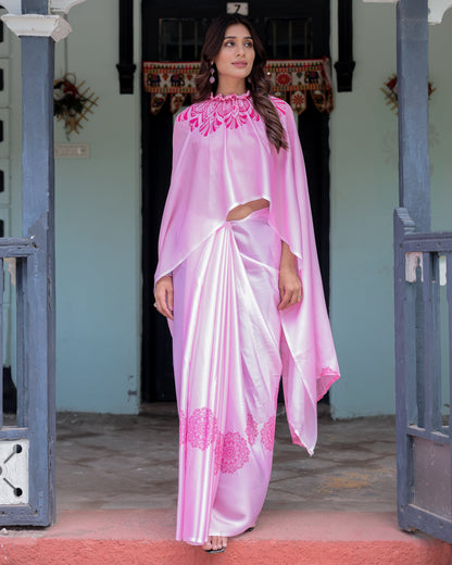 Elegant Baby Pink Satin Feel Saree with Mandala Print & Hot Pink Blouse – Designer Partywear Saree with Attached Blouse Piece