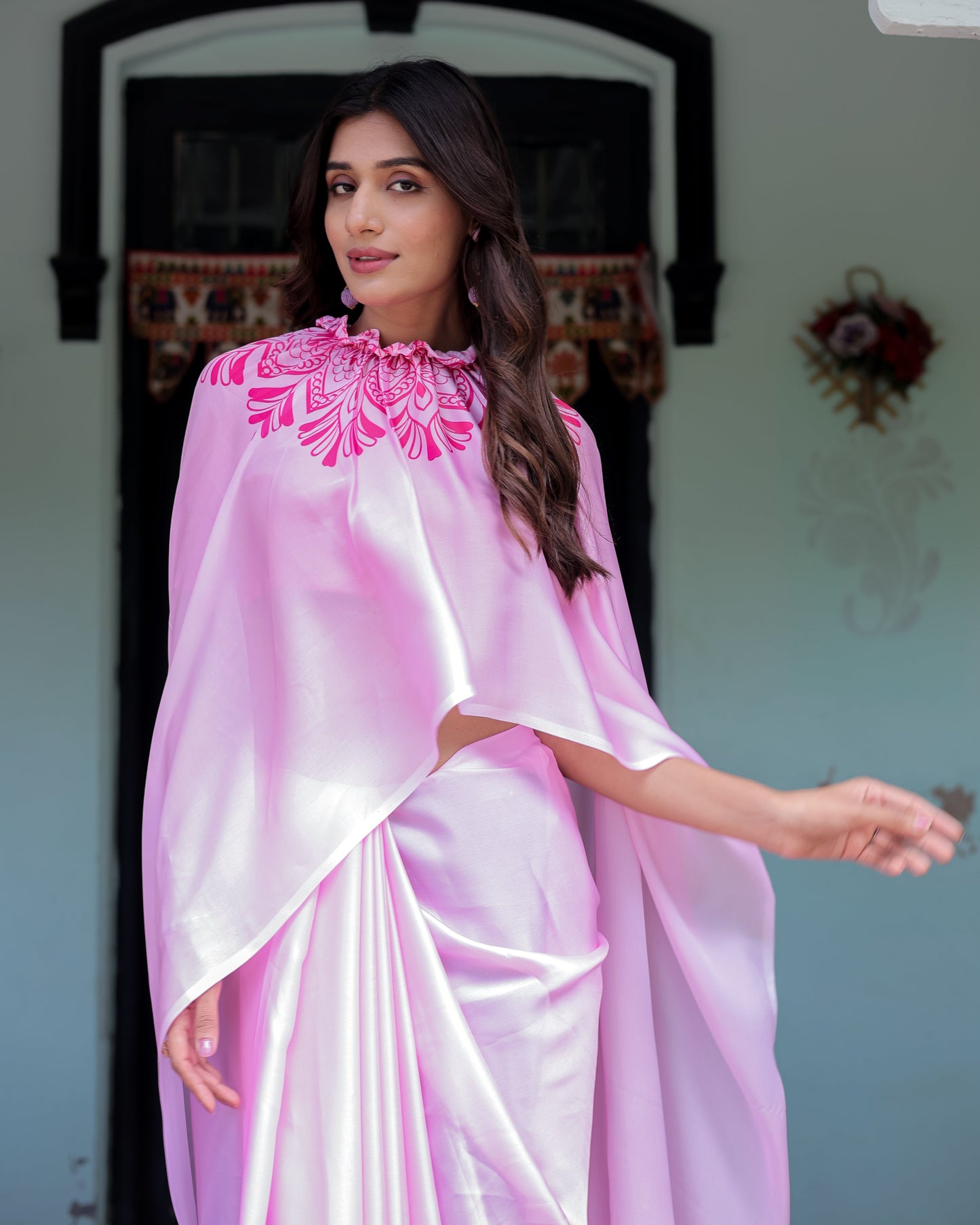 Elegant Baby Pink Satin Feel Saree with Mandala Print & Hot Pink Blouse – Designer Partywear Saree with Attached Blouse Piece