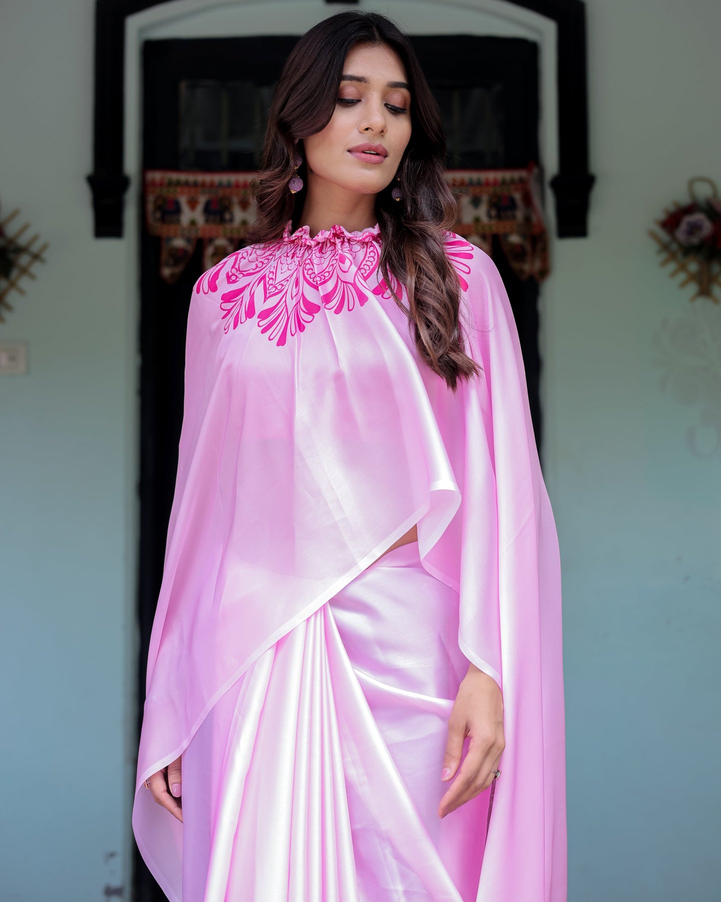 Elegant Baby Pink Satin Feel Saree with Mandala Print & Hot Pink Blouse – Designer Partywear Saree with Attached Blouse Piece