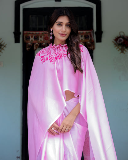 Elegant Baby Pink Satin Feel Saree with Mandala Print & Hot Pink Blouse – Designer Partywear Saree with Attached Blouse Piece