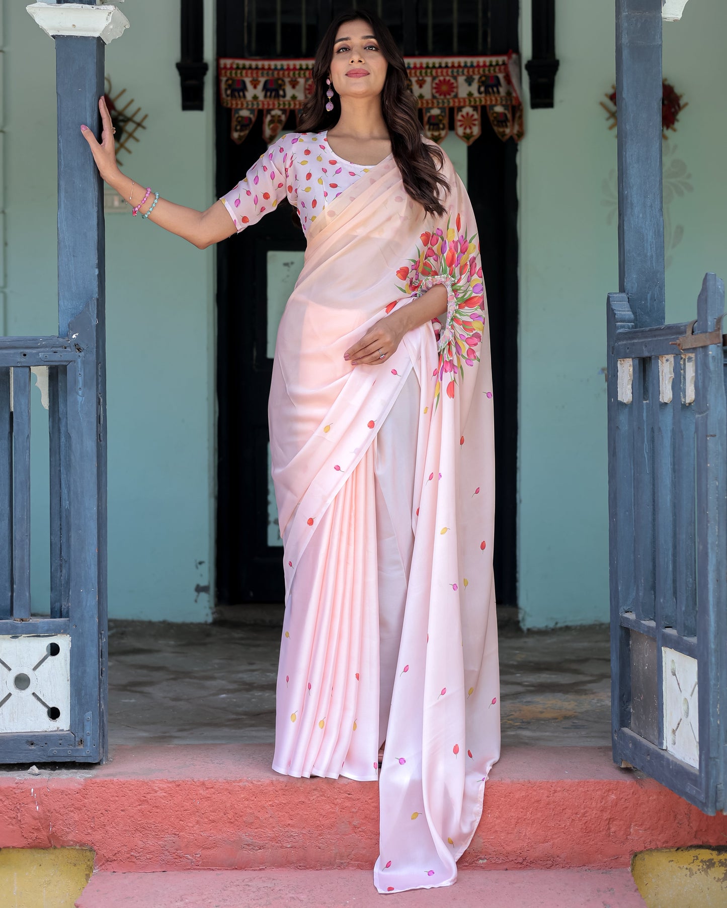 Peach Pink Satin Georgette Designer Saree with Tulip Mandala Artwork & Printed Blouse | Handsfree Pallu Loop