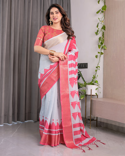 White & Pink Handloom Linen Saree with Geometric Flag Print & Gold Zari Border | Festive Tassel Detailing | Attached Blouse | 5.5m Saree + 0.8m Blouse