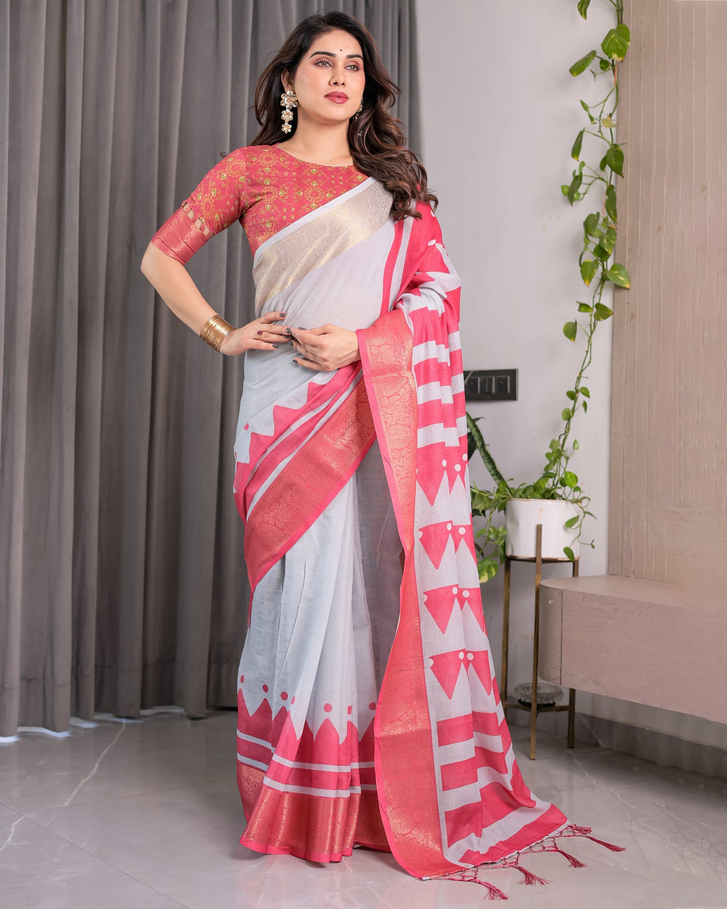 White & Pink Handloom Linen Saree with Geometric Flag Print & Gold Zari Border | Festive Tassel Detailing | Attached Blouse | 5.5m Saree + 0.8m Blouse