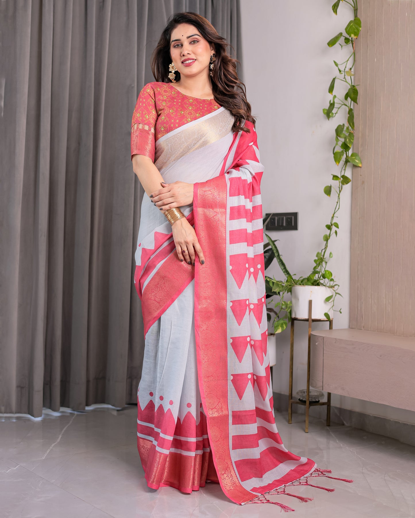 White & Pink Handloom Linen Saree with Geometric Flag Print & Gold Zari Border | Festive Tassel Detailing | Attached Blouse | 5.5m Saree + 0.8m Blouse