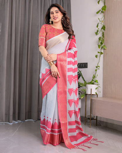 White & Pink Handloom Linen Saree with Geometric Flag Print & Gold Zari Border | Festive Tassel Detailing | Attached Blouse | 5.5m Saree + 0.8m Blouse