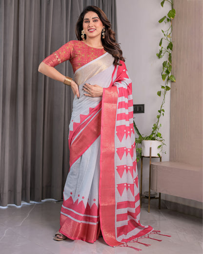 White & Pink Handloom Linen Saree with Geometric Flag Print & Gold Zari Border | Festive Tassel Detailing | Attached Blouse | 5.5m Saree + 0.8m Blouse