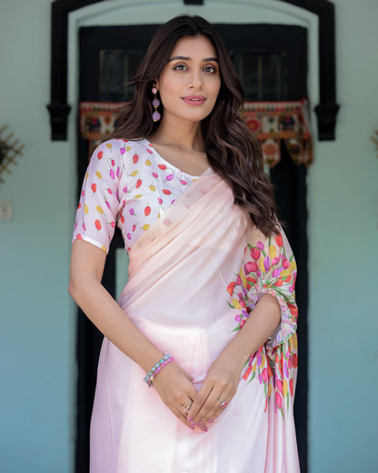 Peach Pink Satin Georgette Designer Saree with Tulip Mandala Artwork & Printed Blouse | Handsfree Pallu Loop