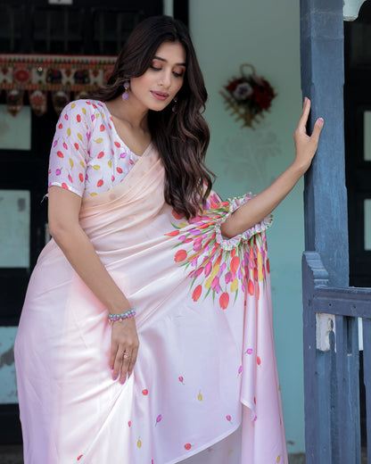 Peach Pink Satin Georgette Designer Saree with Tulip Mandala Artwork & Printed Blouse | Handsfree Pallu Loop
