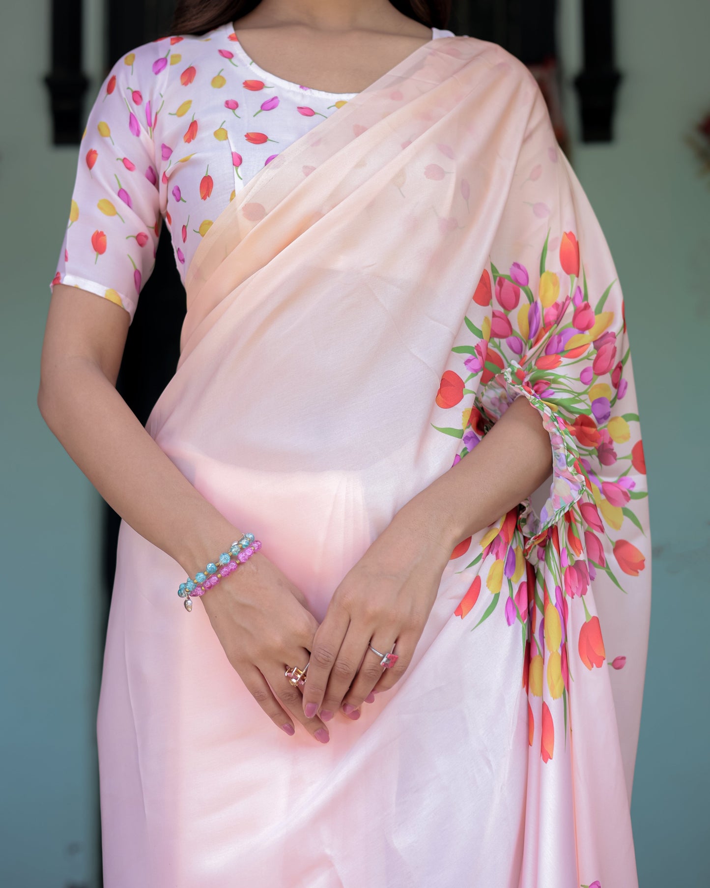 Peach Pink Satin Georgette Designer Saree with Tulip Mandala Artwork & Printed Blouse | Handsfree Pallu Loop