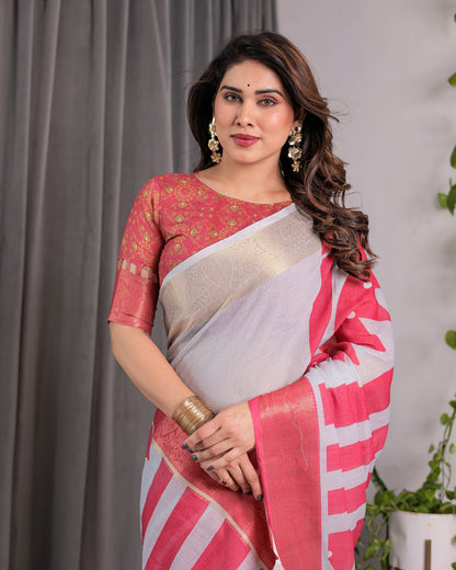 White & Pink Handloom Linen Saree with Geometric Flag Print & Gold Zari Border | Festive Tassel Detailing | Attached Blouse | 5.5m Saree + 0.8m Blouse