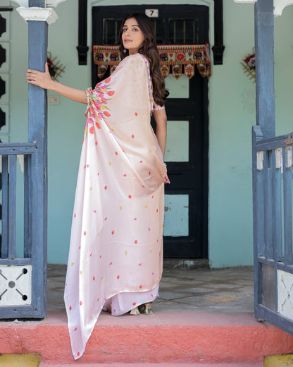 Peach Pink Satin Georgette Designer Saree with Tulip Mandala Artwork & Printed Blouse | Handsfree Pallu Loop