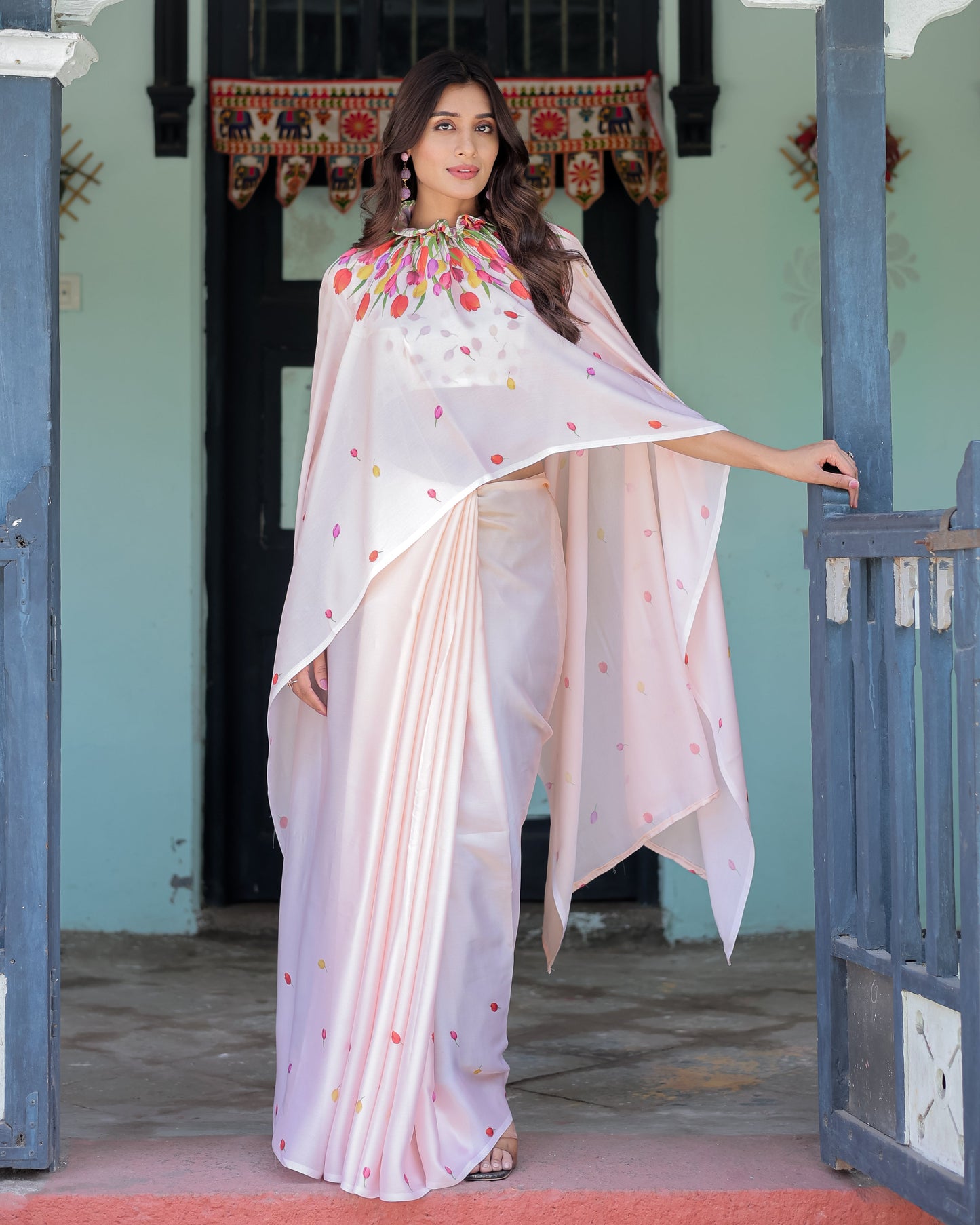 Peach Pink Satin Georgette Designer Saree with Tulip Mandala Artwork & Printed Blouse | Handsfree Pallu Loop