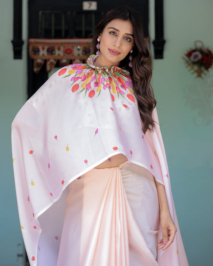 Peach Pink Satin Georgette Designer Saree with Tulip Mandala Artwork & Printed Blouse | Handsfree Pallu Loop