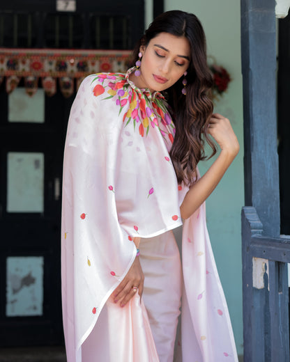 Peach Pink Satin Georgette Designer Saree with Tulip Mandala Artwork & Printed Blouse | Handsfree Pallu Loop