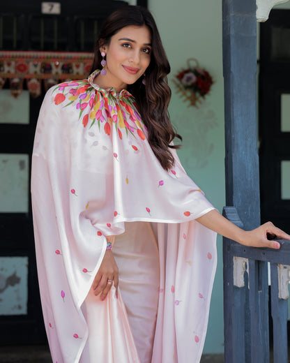 Peach Pink Satin Georgette Designer Saree with Tulip Mandala Artwork & Printed Blouse | Handsfree Pallu Loop