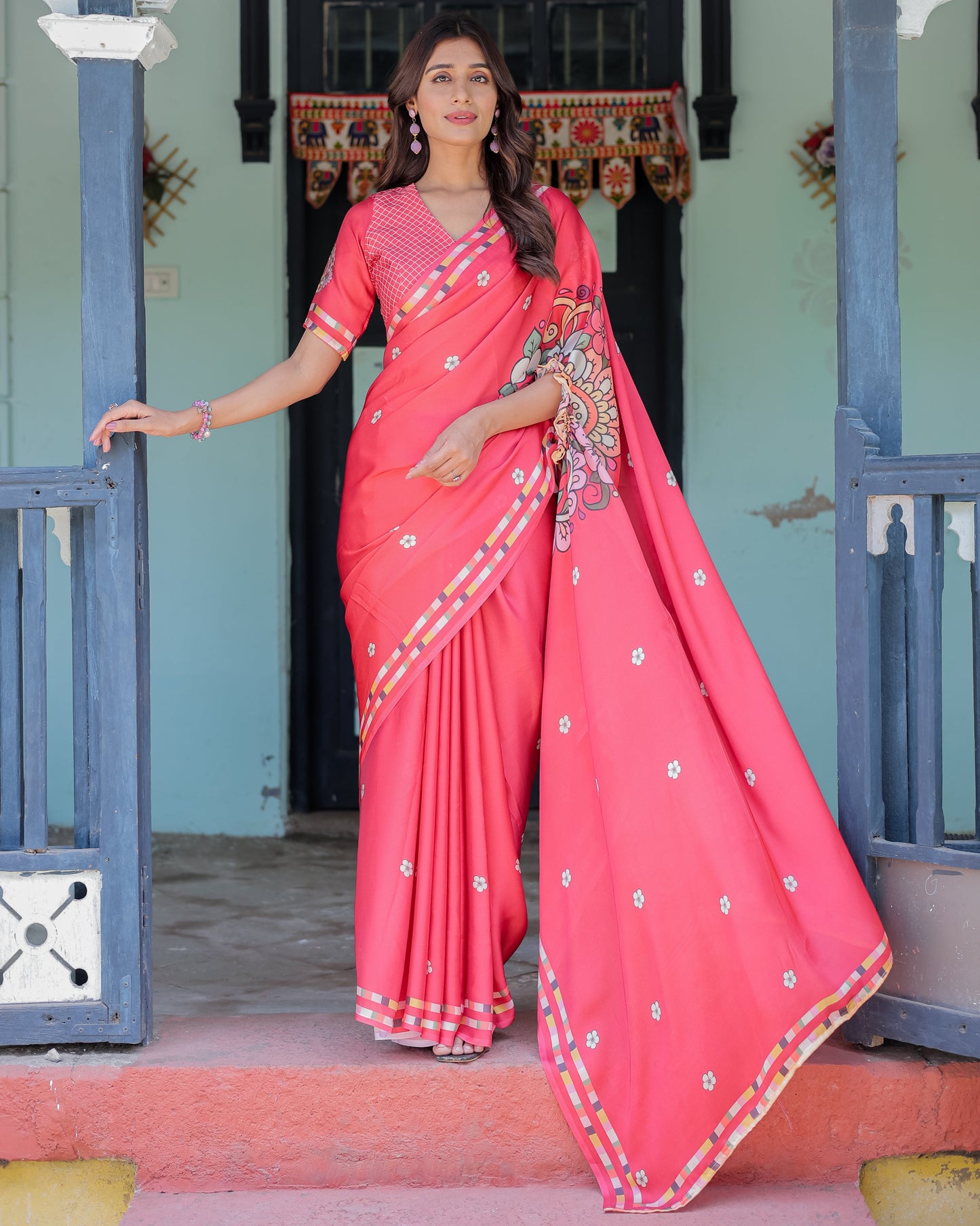 Coral Pink Satin Georgette Saree with Floral Mandala Print & Checked Striped Blouse | Designer Handsfree Pallu Loop