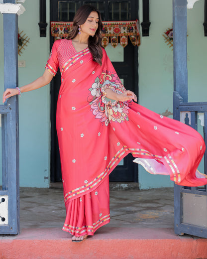 Coral Pink Satin Georgette Saree with Floral Mandala Print & Checked Striped Blouse | Designer Handsfree Pallu Loop