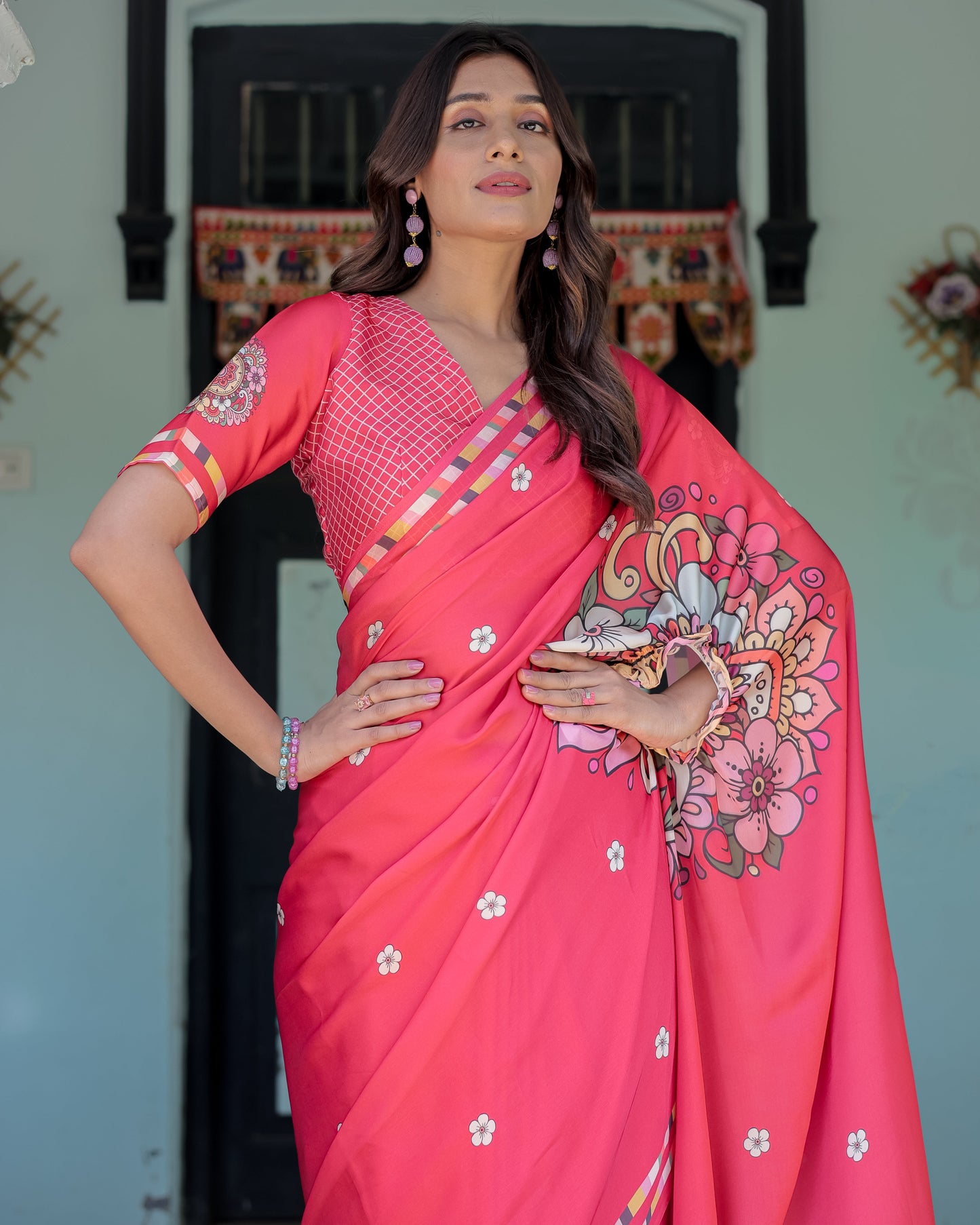 Coral Pink Satin Georgette Saree with Floral Mandala Print & Checked Striped Blouse | Designer Handsfree Pallu Loop