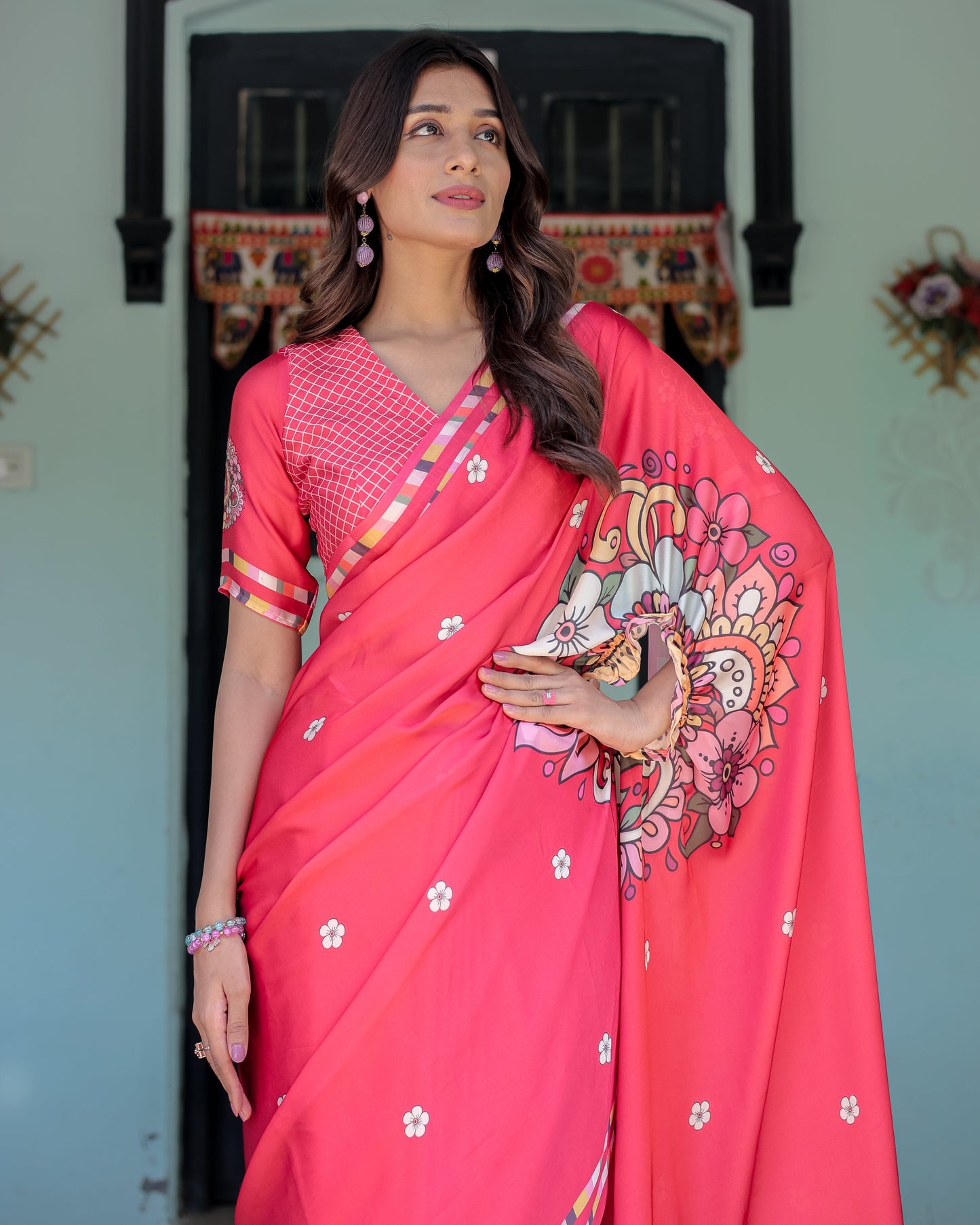 Coral Pink Satin Georgette Saree with Floral Mandala Print & Checked Striped Blouse | Designer Handsfree Pallu Loop