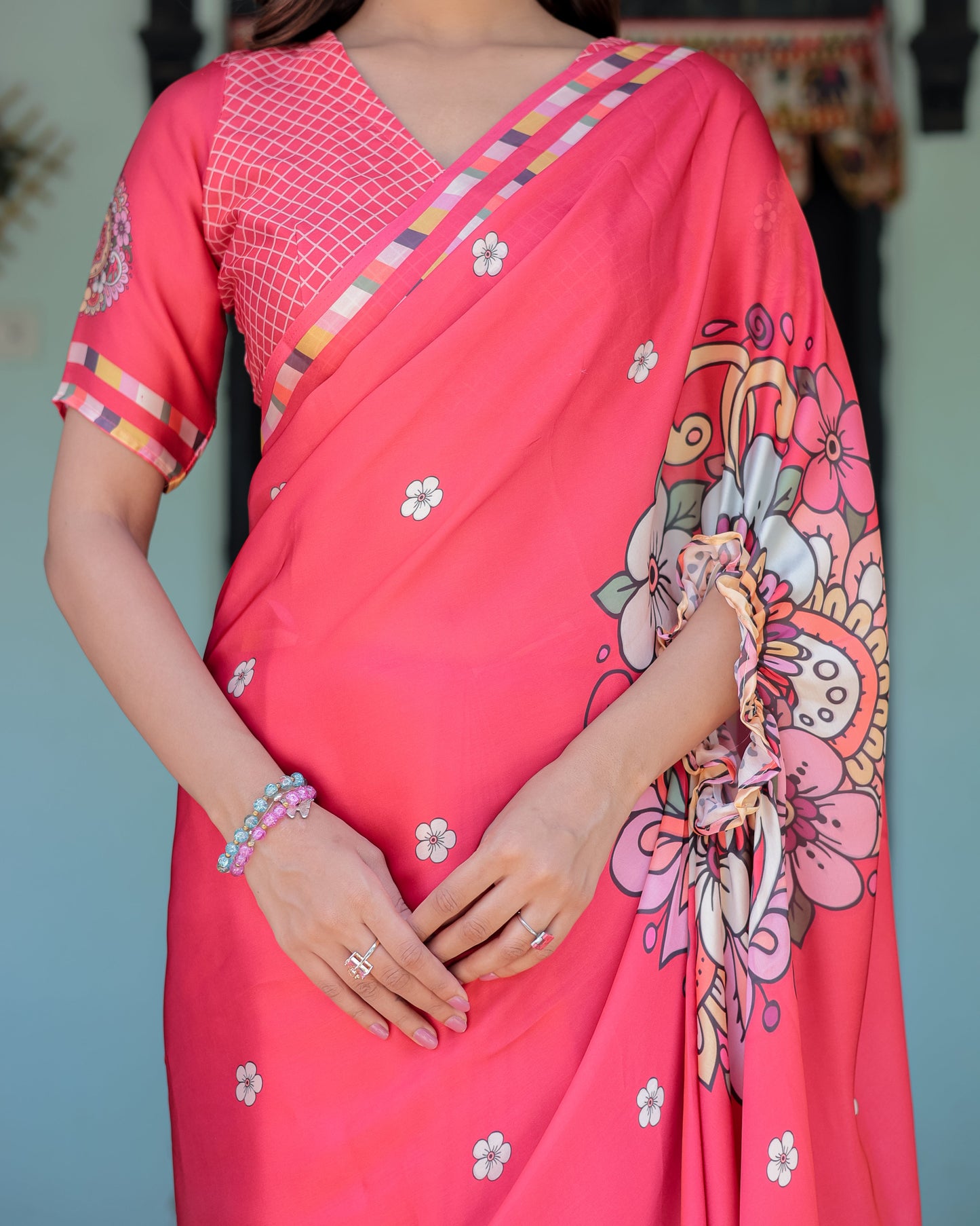 Coral Pink Satin Georgette Saree with Floral Mandala Print & Checked Striped Blouse | Designer Handsfree Pallu Loop