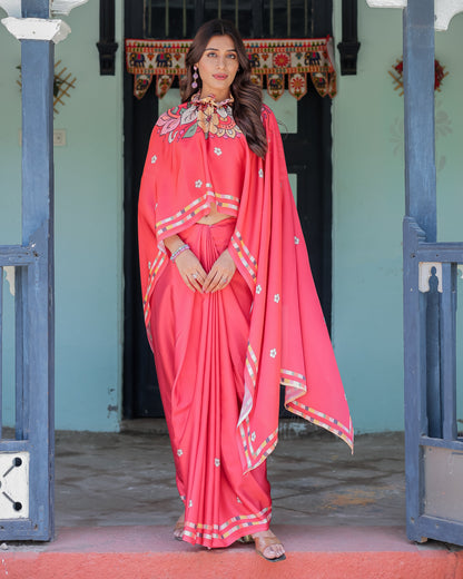Coral Pink Satin Georgette Saree with Floral Mandala Print & Checked Striped Blouse | Designer Handsfree Pallu Loop