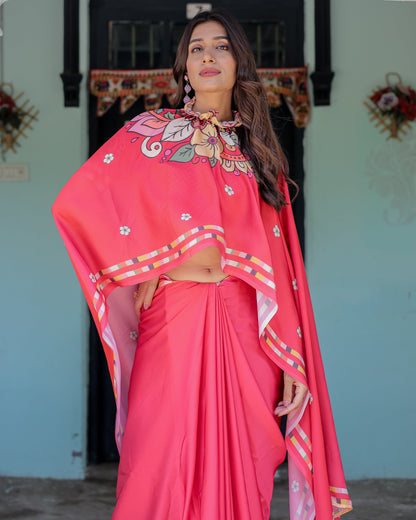 Coral Pink Satin Georgette Saree with Floral Mandala Print & Checked Striped Blouse | Designer Handsfree Pallu Loop