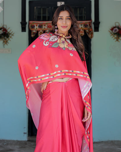 Coral Pink Satin Georgette Saree with Floral Mandala Print & Checked Striped Blouse | Designer Handsfree Pallu Loop