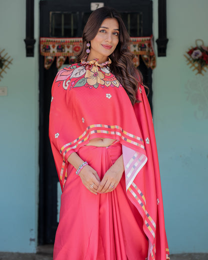 Coral Pink Satin Georgette Saree with Floral Mandala Print & Checked Striped Blouse | Designer Handsfree Pallu Loop