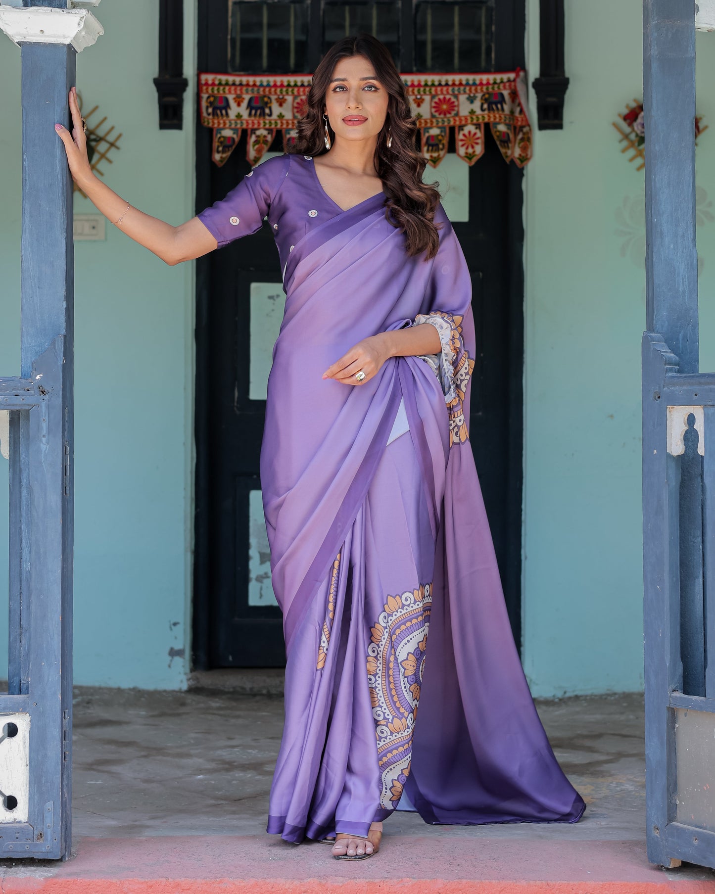 Lavender Purple Satin Georgette Saree with Earthy Mandala Print & Printed Pleats | Handsfree Loop Drape