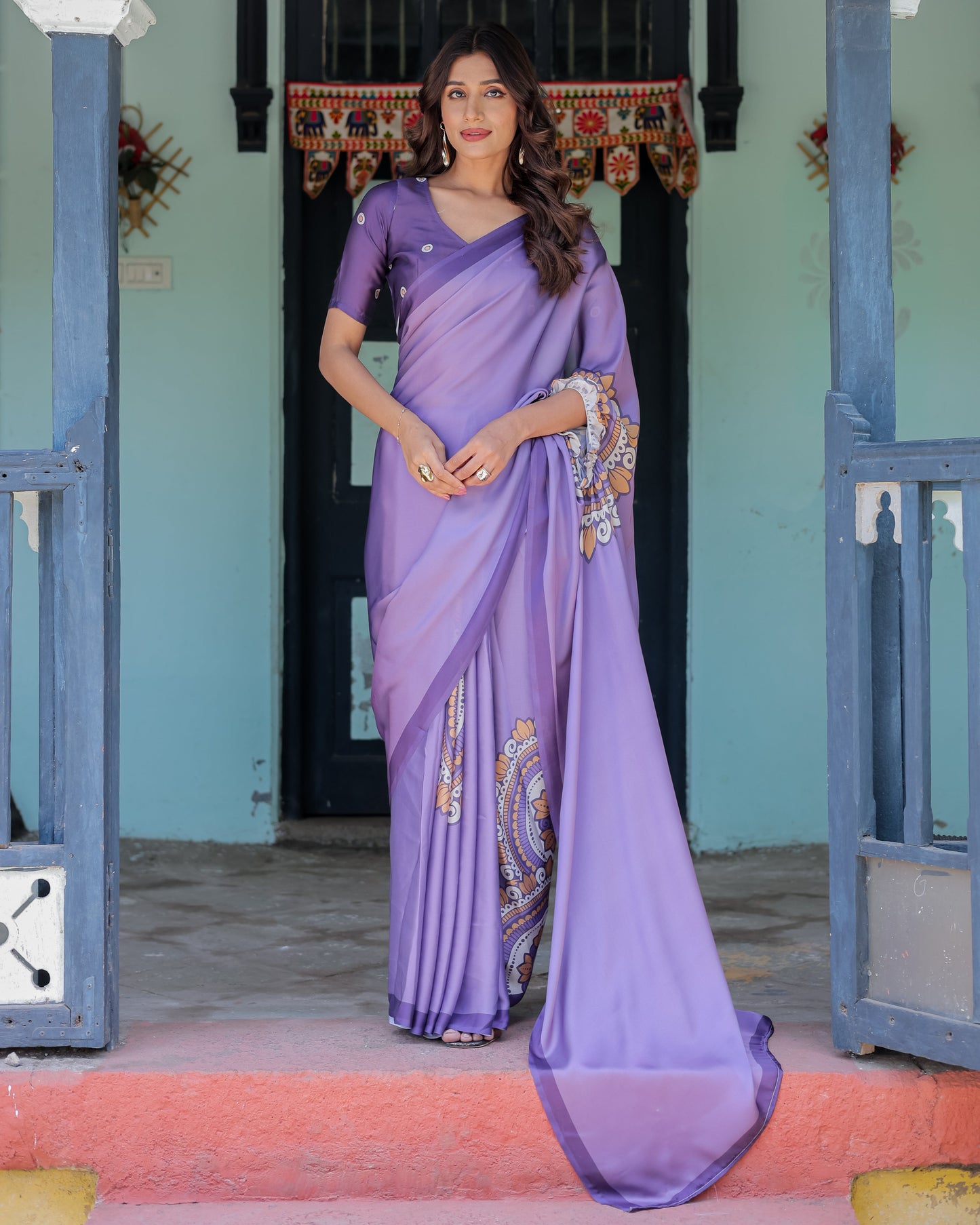 Lavender Purple Satin Georgette Saree with Earthy Mandala Print & Printed Pleats | Handsfree Loop Drape
