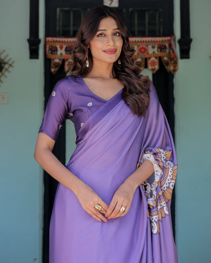 Lavender Purple Satin Georgette Saree with Earthy Mandala Print & Printed Pleats | Handsfree Loop Drape
