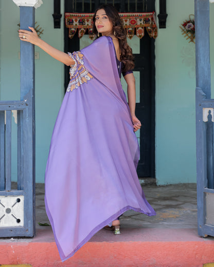 Lavender Purple Satin Georgette Saree with Earthy Mandala Print & Printed Pleats | Handsfree Loop Drape