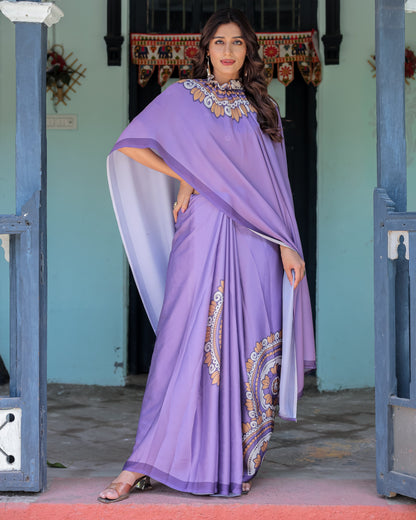 Lavender Purple Satin Georgette Saree with Earthy Mandala Print & Printed Pleats | Handsfree Loop Drape