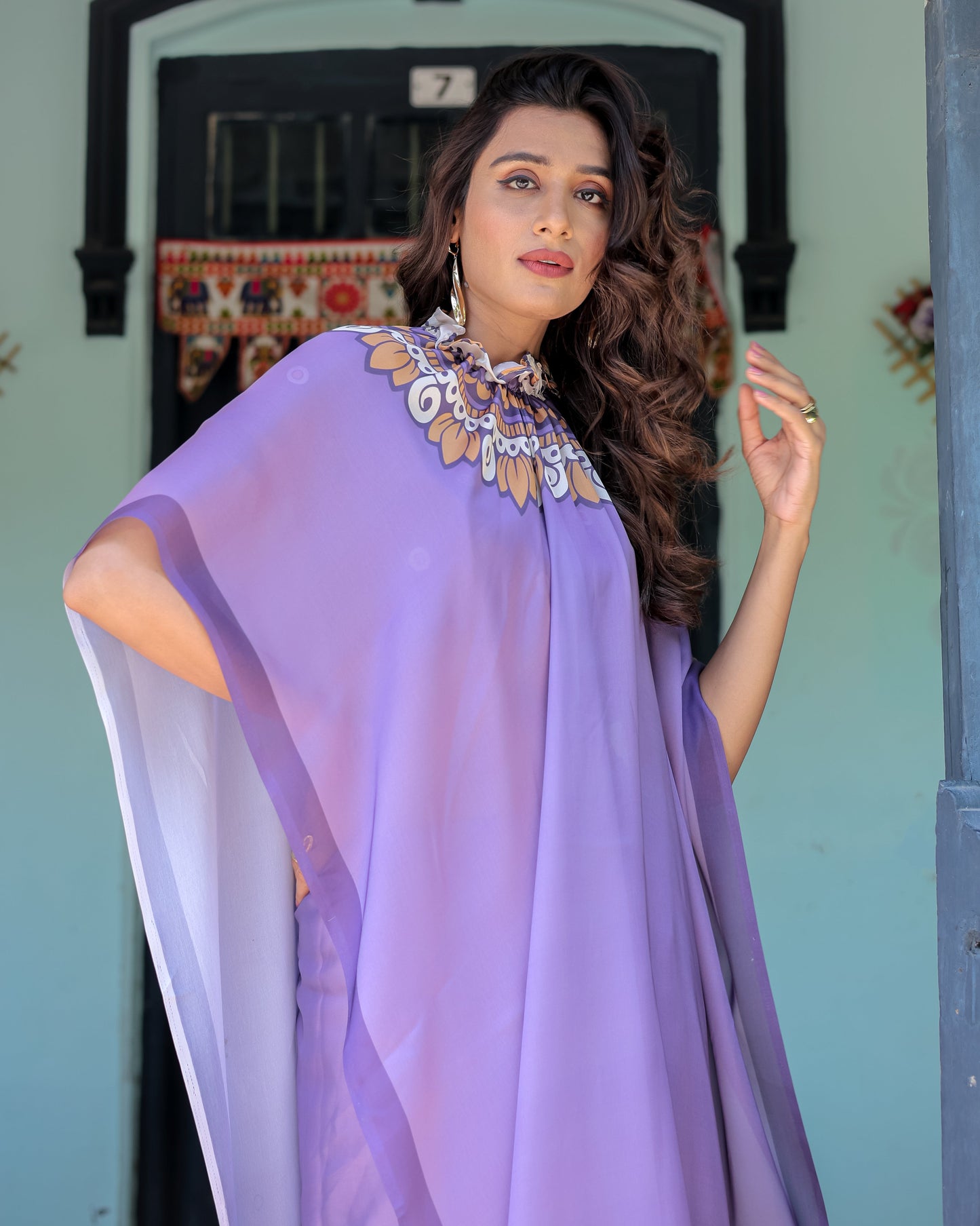Lavender Purple Satin Georgette Saree with Earthy Mandala Print & Printed Pleats | Handsfree Loop Drape