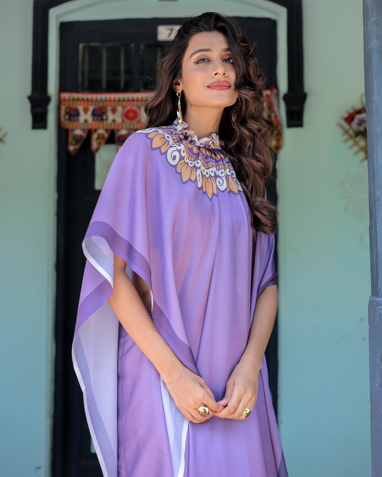 Lavender Purple Satin Georgette Saree with Earthy Mandala Print & Printed Pleats | Handsfree Loop Drape