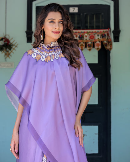 Lavender Purple Satin Georgette Saree with Earthy Mandala Print & Printed Pleats | Handsfree Loop Drape