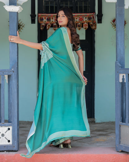 Emerald Green Satin Georgette Designer Saree with Striped Mandala Detail & Mint Textured Blouse | Handsfree Pallu Loop
