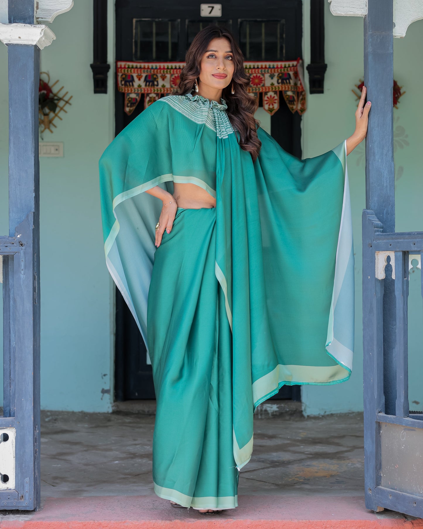 Emerald Green Satin Georgette Designer Saree with Striped Mandala Detail & Mint Textured Blouse | Handsfree Pallu Loop