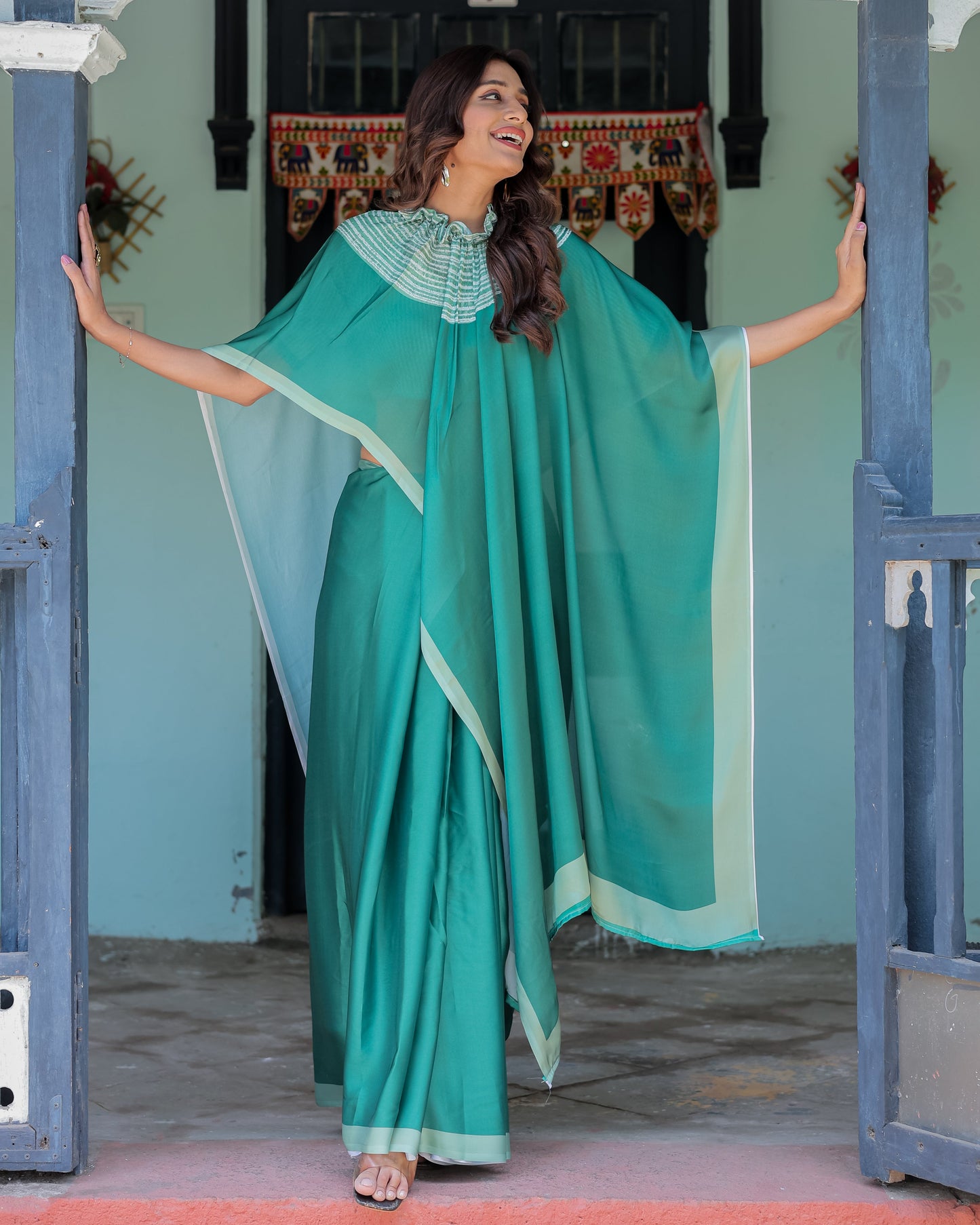 Emerald Green Satin Georgette Designer Saree with Striped Mandala Detail & Mint Textured Blouse | Handsfree Pallu Loop