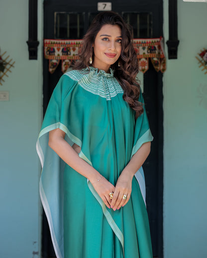 Emerald Green Satin Georgette Designer Saree with Striped Mandala Detail & Mint Textured Blouse | Handsfree Pallu Loop