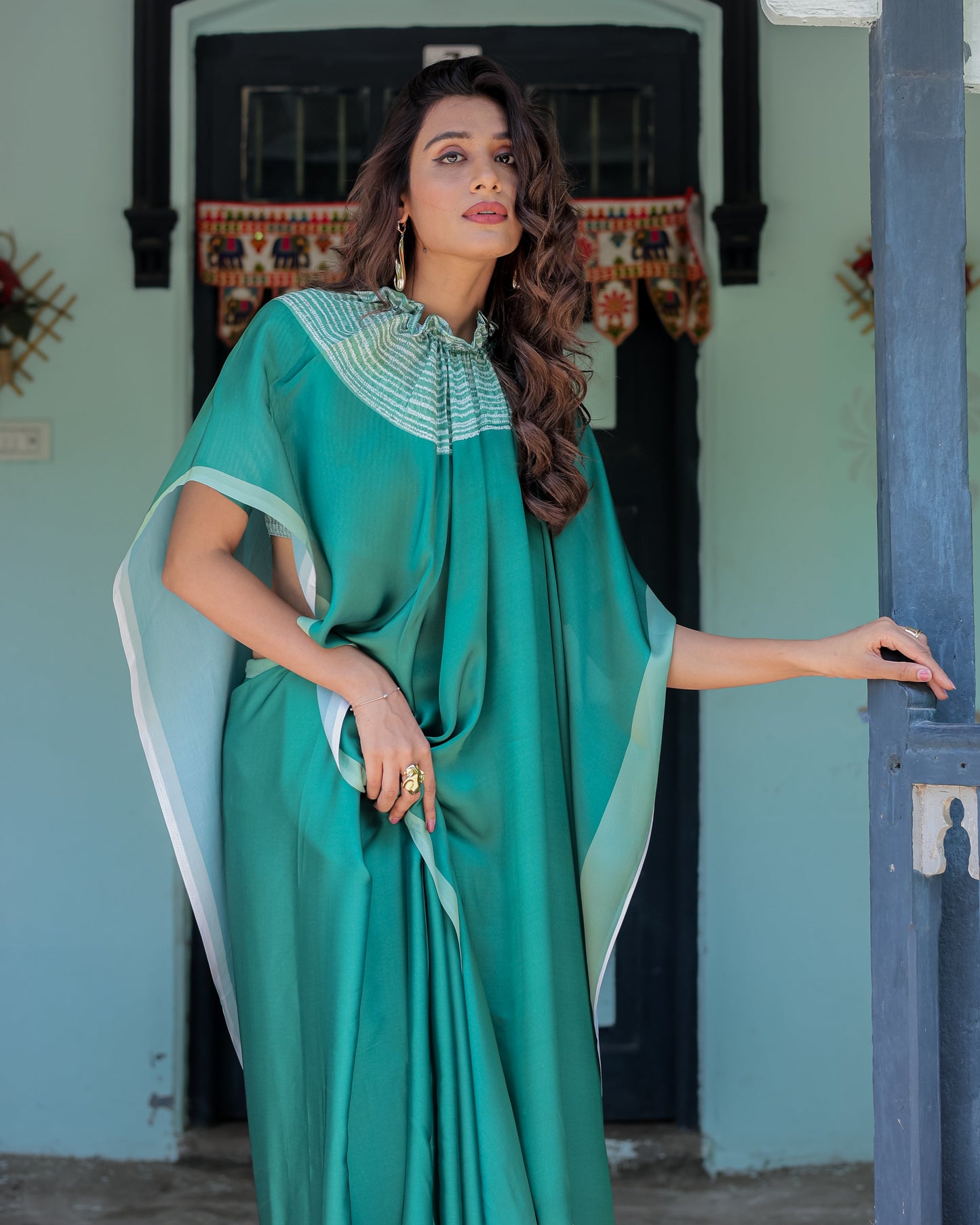 Emerald Green Satin Georgette Designer Saree with Striped Mandala Detail & Mint Textured Blouse | Handsfree Pallu Loop