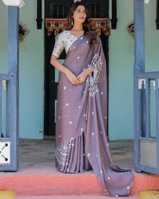 Mocha Beige Satin Georgette Saree with White Polka Dots & Mandala Pallu | Designer Freehand Saree with Handsfree Pallu Loop